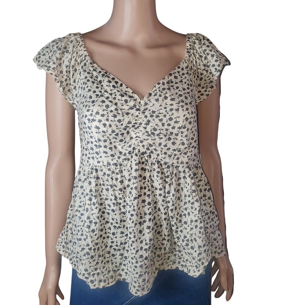 Japna M Cream Black Floral On/Off Shoulder Top Y2K Fairy Romantic NEW